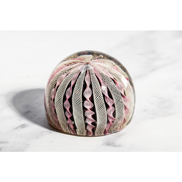 Lovely Vintage Murano Italy Fratelli Toso Latticino Ribbon Glass Paperweight Pink White Blue Art Glass Home Decor For Sale In New York - Image 6 of 9