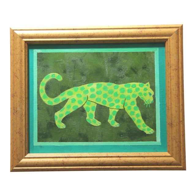 Leopard Minimalist Expressionist Pop Art Green Original Oil Painting by Cleo Plowden For Sale