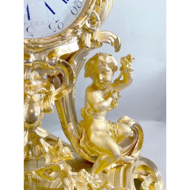 1840's French Louis XV Antique Clock Set of Bronze With Original Gold Leaf Finish For Sale - Image 6 of 13