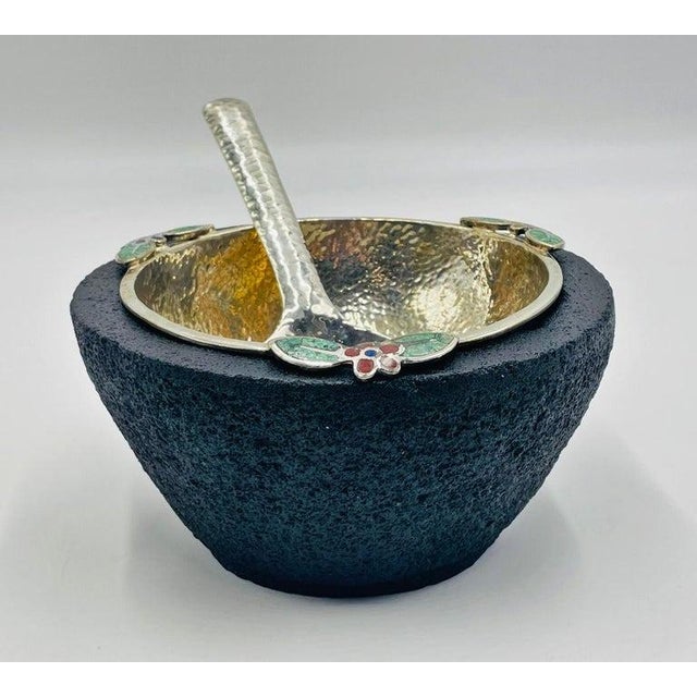 1980s Emilia Castillo Silver Bowl With Volcanic Rock Base & Spoon, Mexican Modernism For Sale In Los Angeles - Image 6 of 18