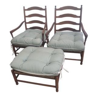 French Provincial Rush Seat Armhairs and Ottoman - 3 Pieces For Sale