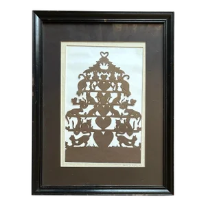 Antique Handmade Paper Cut Out of Cats in Christmas Tree With Hearts