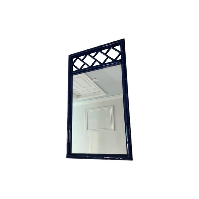 Navy Blue Vintage Faux Bamboo Navy Blue Chinoiserie Chippendale Palm Beach Wall Mirrors Pair For Sale - Image 8 of 9