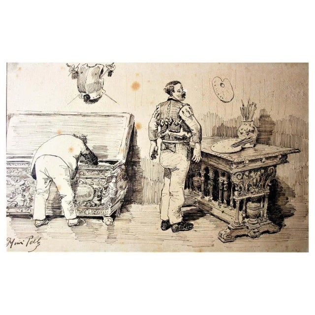 Drawing by Charles-Henri Pille known as Henri Pille "L'Atelier d'artiste", pen drawing on paper. In an interior with...
