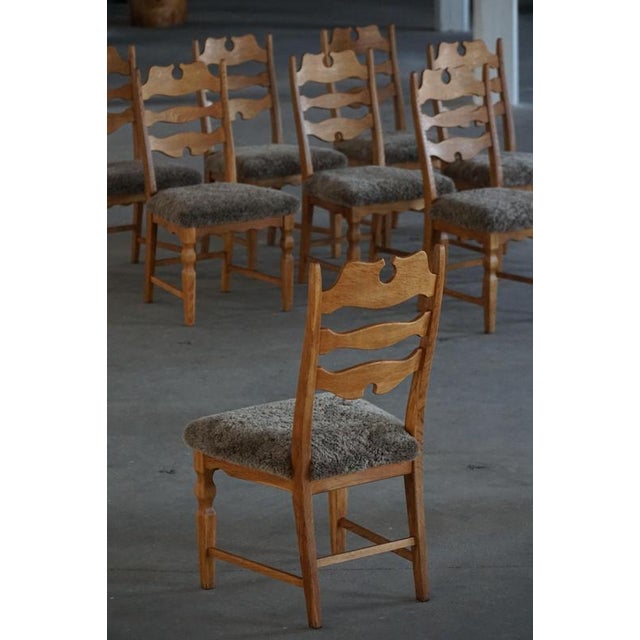 Mid-Century Danish Chairs in Oak & Lambswool by Henning Kjærnulf for E.G. Møbler, 1960s, Set of 8 For Sale - Image 4 of 18
