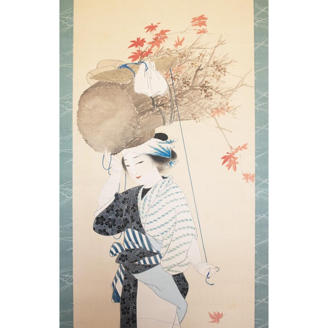 "Oharame" by Ogata Kaho, Meiji to Taisho Era Japanese Silk Painting in Wooden Case For Sale - Image 10 of 15
