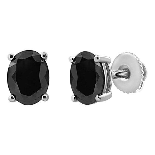 .925 Sterling Silver 4.0 Cttw Prong Set Treated Black Oval Diamond Stud Earring, A Pair (Black Color, I2-I3 Clarity) For Sale