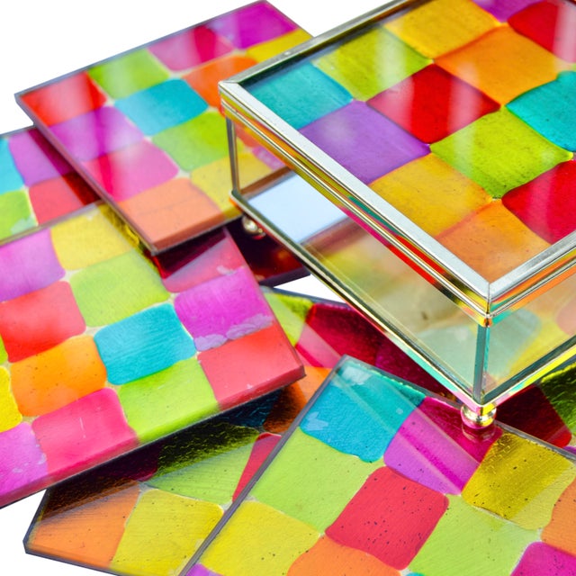 American Mid 20th Century Handmade Colorful Glass Coasters With Footed Box Set- 7 Pieces For Sale - Image 3 of 8