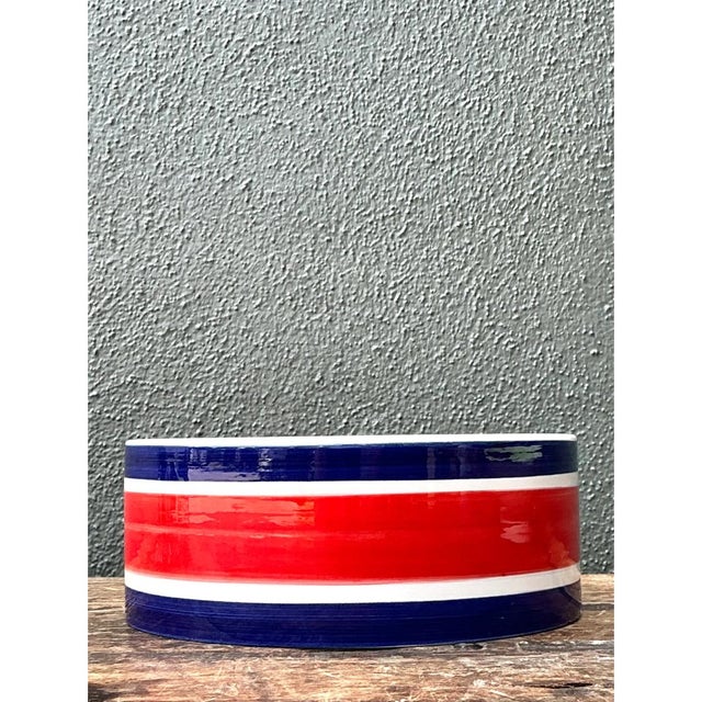 Vintage Italian Striped Ceramic Salad Bowl and Utensils - 3 pcs For Sale - Image 4 of 12