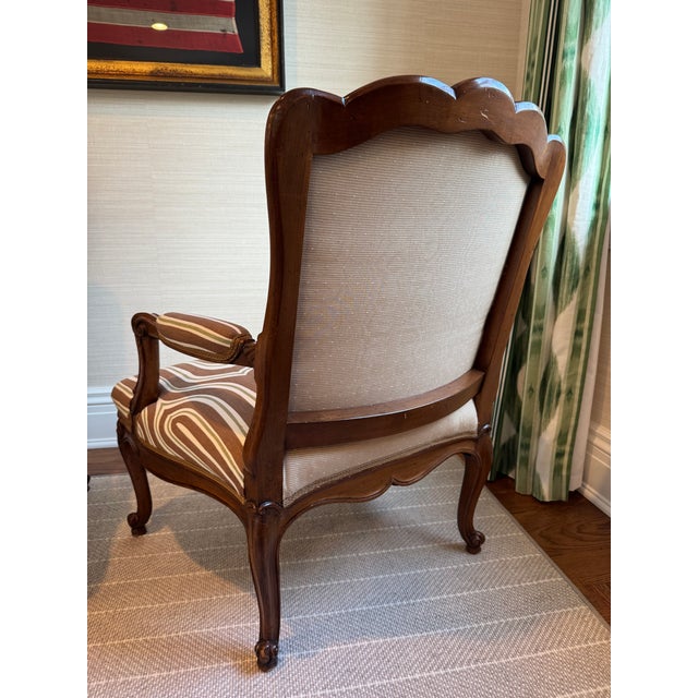 French Pair of Exquisite Antique Louis XV Style Bergere Upholstered Arm Chairs For Sale - Image 3 of 16