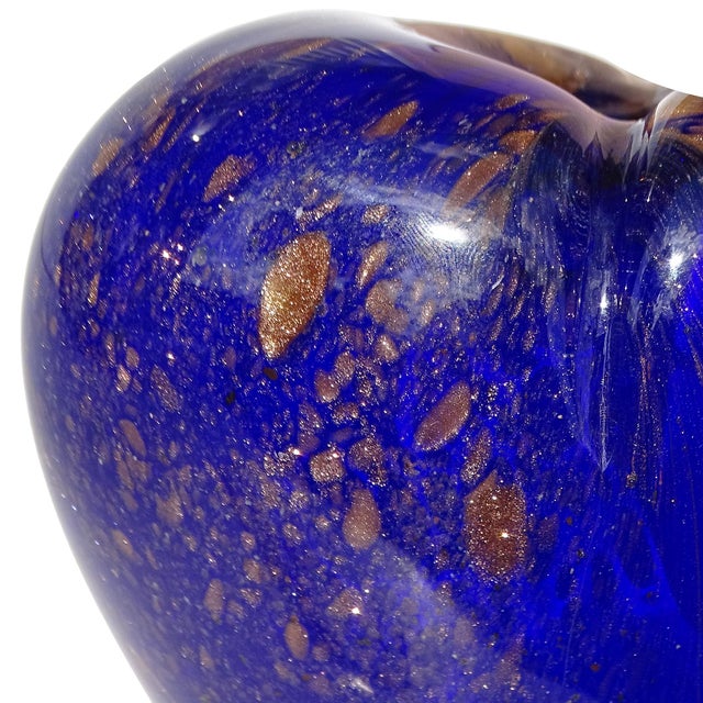 Studio Heart Shape Flower Vase Art Glass Sapphire Blue With Glittery Copper Aventurine Flecks For Sale - Image 4 of 7