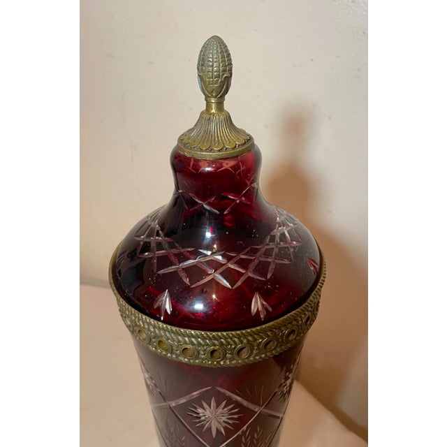 Red Tall Bohemian Style Red Cut to Clear Bronze Mounted Ornate Lidded Jar Vase Urn For Sale - Image 8 of 10