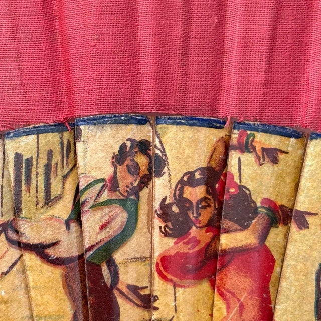 Spanish Revival Antique Wooden Hand Painted Fan With Linen Transfer. Spanish Flamenco Dancers. Very Old For Sale - Image 3 of 12