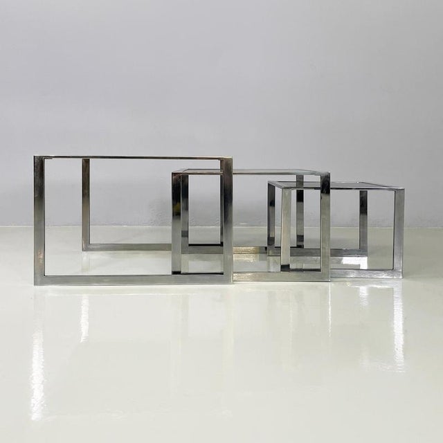 Italian Modern Trio of Coffee Tables in Smoked Glass and Metal, 1980s For Sale - Image 3 of 18