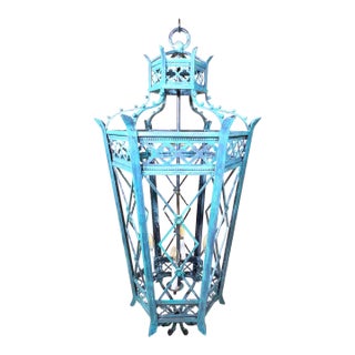 Exquisite Large Hand-Forged Iron Lantern – Verdigris Patina - 47” High X 24”Wide For Sale