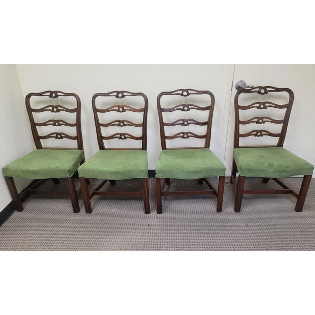 Brown 19th C. Georgian Set of 4 Pierced Ladder Back and Suede Leather Upholstered Dining Chairs For Sale - Image 8 of 11