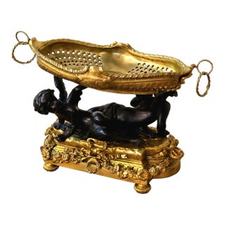 Rococo Bronze Centerpiece Bowl With Cherub Figures & Gold Leaf Details For Sale