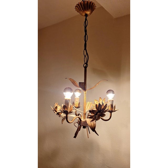 Metal Vintage Chandelier in a Floral Design Made of Gold-Colored Metal, 1970s For Sale - Image 7 of 7