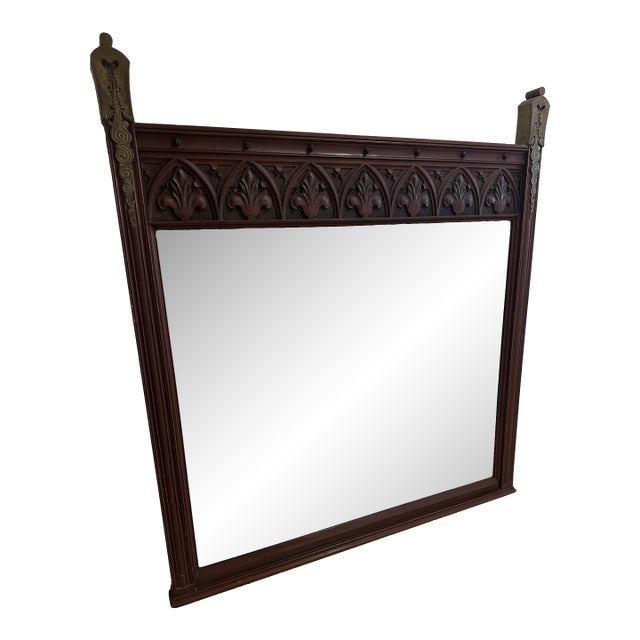 Large Antique Gothic Revival Carved Wood Overmantel Mirror For Sale