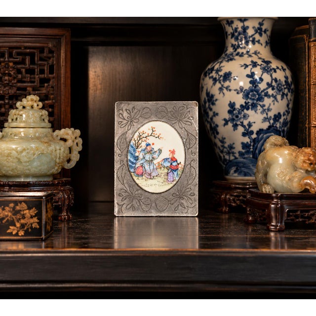 Chinese Chinese Antique Pewter Box W Finely Painted Porcelain 1920s Republic Era For Sale - Image 3 of 13
