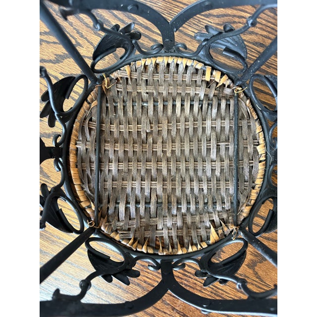 Vintage Wrought Iron Pedestal Plant Stand With Woven Wicker Top For Sale In Denver - Image 6 of 7