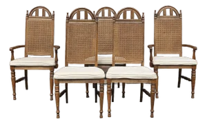 Set of 5 Mid Century Bassett Furniture Provincial Style Walnut and Cane Dining Chairs