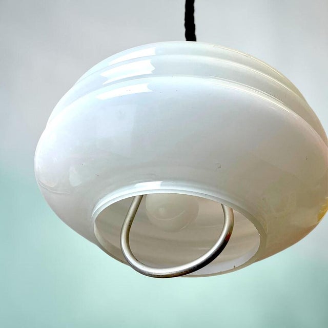 Mid-Century Modern White Glass Pull Down Dining Room Pendant Lamp, 1970s For Sale - Image 4 of 12