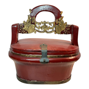 19th Century Traditional Chinese Red Lacquer and Gilt Gold Wooden Wedding Basket