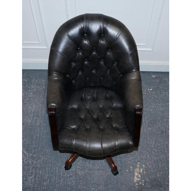 Vintage Chesterfield Dark Aged Grey Leather Directors Swifel Captains Chair For Sale - Image 6 of 16