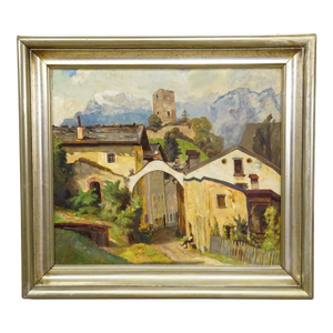 Biedermeier Painting of an European Alpine Village Late 19th Century