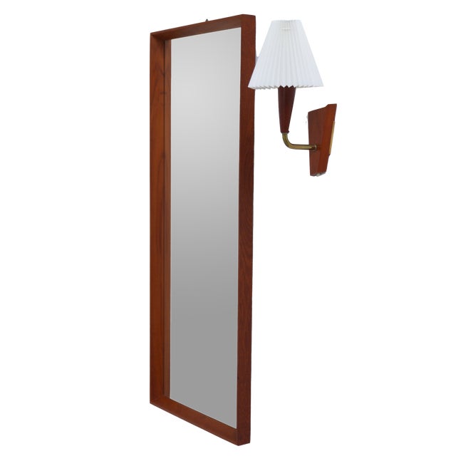 Mid-Century Danish Teak Hallway Mirror and Sconce, 1950s, Set of 2 For Sale