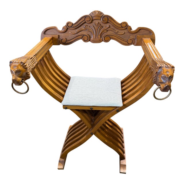 Carved Brown Wood Dining Chair With Beige Cushion - 1979 For Sale