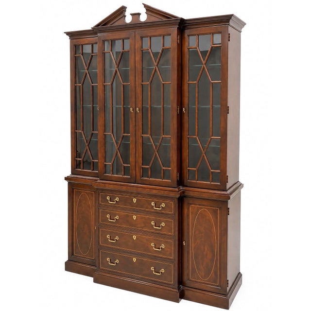 Hickory White Georgian Style Inlaid Mahogany Bookcase or China Display Cabinet For Sale