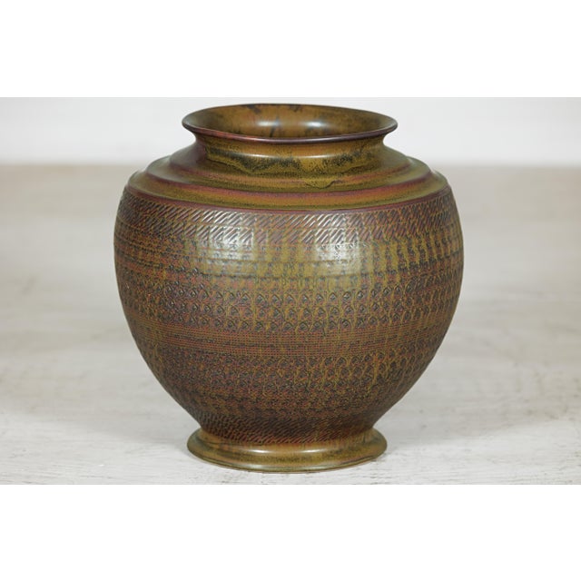 Late 20th Century Large Artisan Ceramic Vase with Intricate Textured Pattern in Brown & Green For Sale - Image 5 of 18