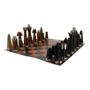 Jacques Adnet Hand-Stitched Black and Cognac Leather Chess Board and Set - 33 Pieces