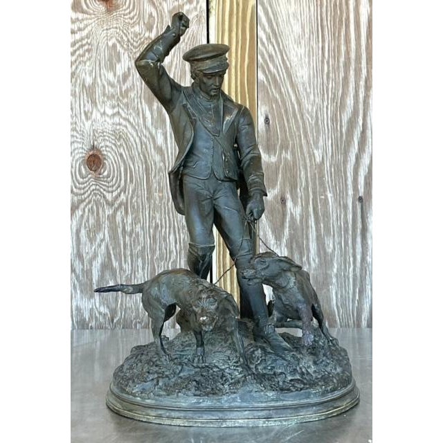 Vintage Boho Patinated Metal Man With Hounds Sculpture For Sale In West Palm - Image 6 of 8