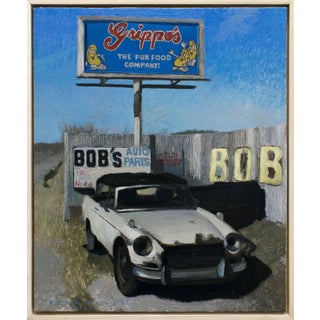 Bobs Used Auto Parts by Brad Davis | Oil on wood panel Vintage car outside an auto parts shop For Sale