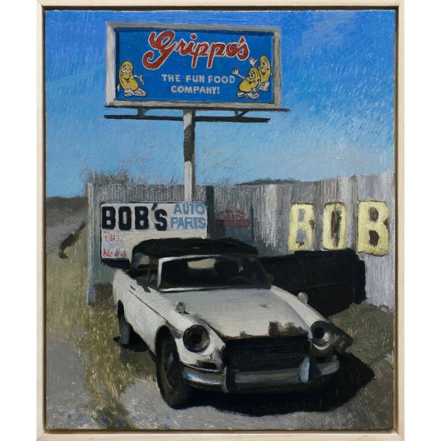 Bobs Used Auto Parts by Brad Davis | Oil on wood panel Vintage car outside an auto parts shop For Sale