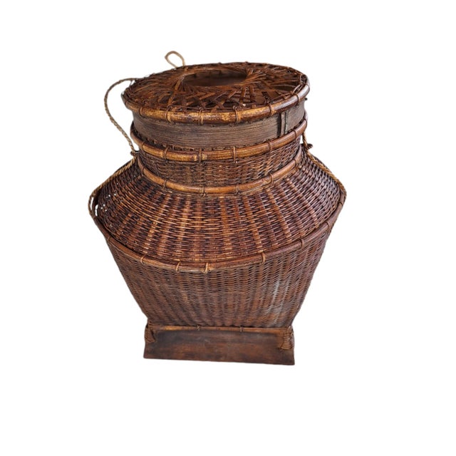 1960s Handwoven Asian Thailand Storage Basket With Lid For Sale - Image 4 of 11