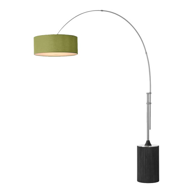 Tambo 92"h 1-Light Arc Lamp, Avocado Linen Shade, Black Oak Base, Satin Nickel, Dimmable, for Living Room or Bedroom For Sale
