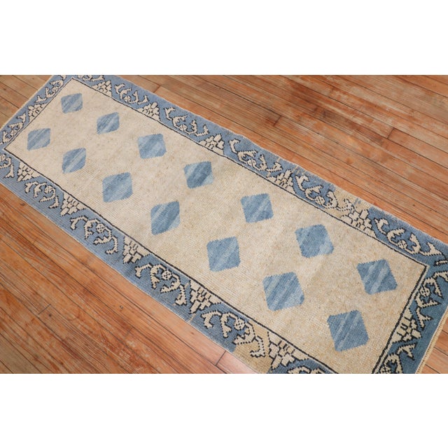 Mid 20th Century Vintage Blue Tan Small Turkish Runner - 2'2" x 6' For Sale - Image 5 of 7