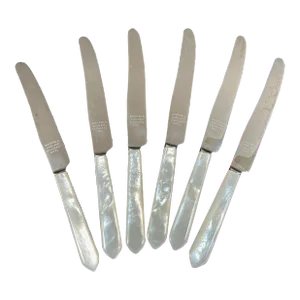 Vintage English Sheffield Stainless Steel Knives / Spreaders With Mother of Pearl Handles - Box Set of 6