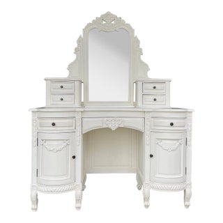 Shabby Chic Baroque White Wood Vanity Desk – Mirror Included For Sale