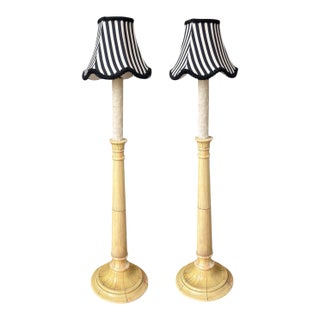 Pair of Dennis & Leen Faux Ivory Candlestick Table Lamps W Parisian Striped Shades For Sale