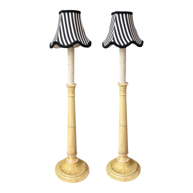 Pair of Dennis & Leen Faux Ivory Candlestick Table Lamps W Parisian Striped Shades For Sale