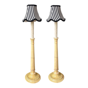 Pair of Dennis & Leen Faux Ivory Candlestick Table Lamps W Parisian Striped Shades