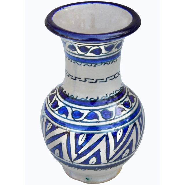 Mid 20th Century Mid 20th Century Handcrafted Moroccan Ceramic Vase W/ Banded Motifs in Blue Hues For Sale - Image 5 of 9