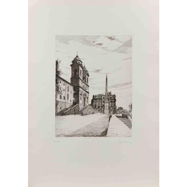 Spanish Steps is an artwork realized by Giuseppe Malandrino in the 1970s. Black and white Etching on paper. Hand-signed...