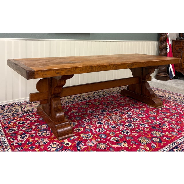 Antique French Country Farm Dining Table Farmhouse Trestle Base Honey Oak For Sale - Image 16 of 17