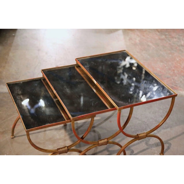 Set of 3 Early 20th Century French Art Deco Gilt Iron Nesting Tables For Sale In Dallas - Image 6 of 10